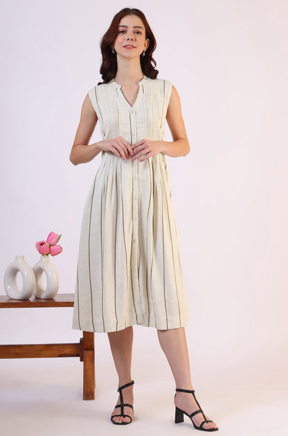 W for Woman Off -White Striped Cotton Blend Flared Western Dress
