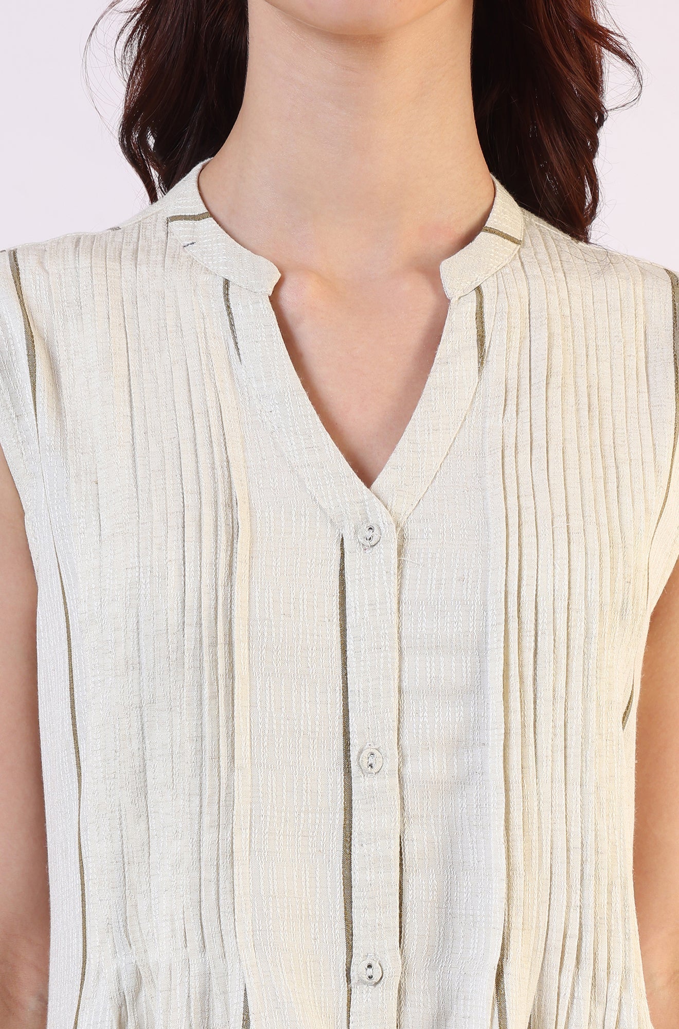 W for Woman Off -White Striped Cotton Blend Flared Western Dress