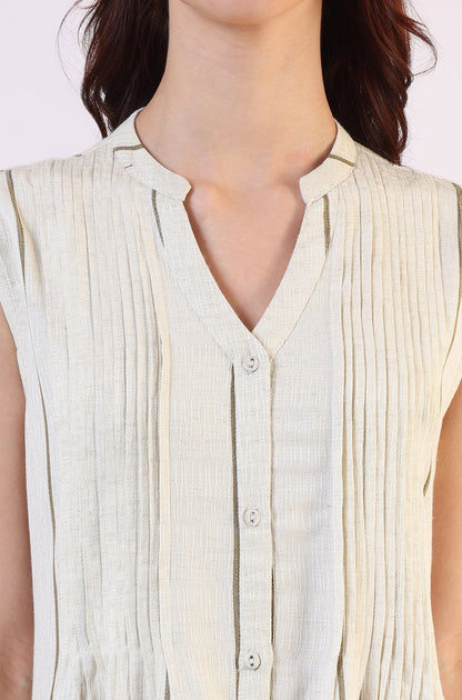 W for Woman Off -White Striped Cotton Blend Flared Western Dress