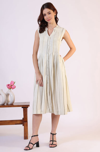 W for Woman Off -White Striped Cotton Blend Flared Western Dress
