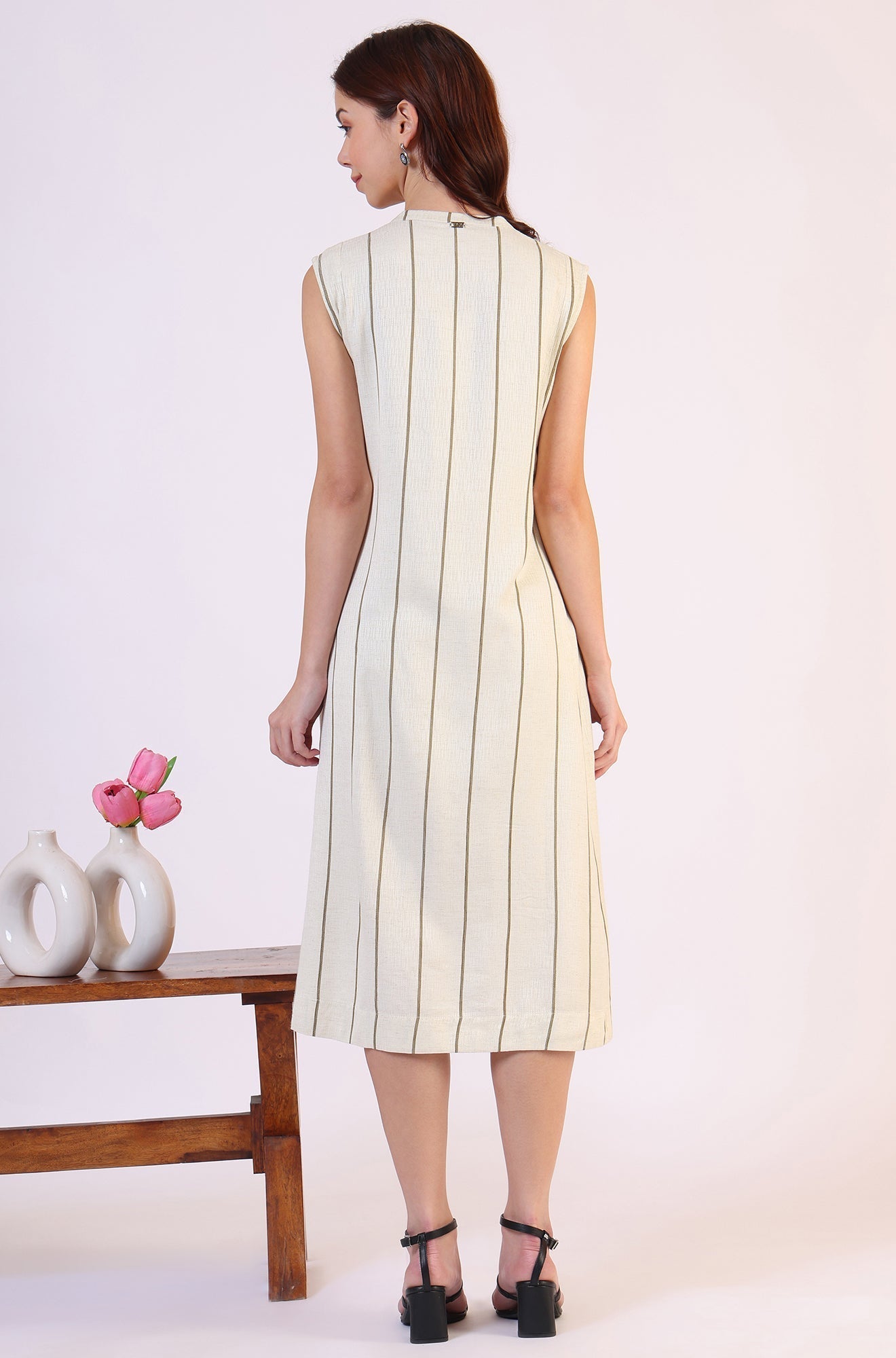 W for Woman Off -White Striped Cotton Blend Flared Western Dress
