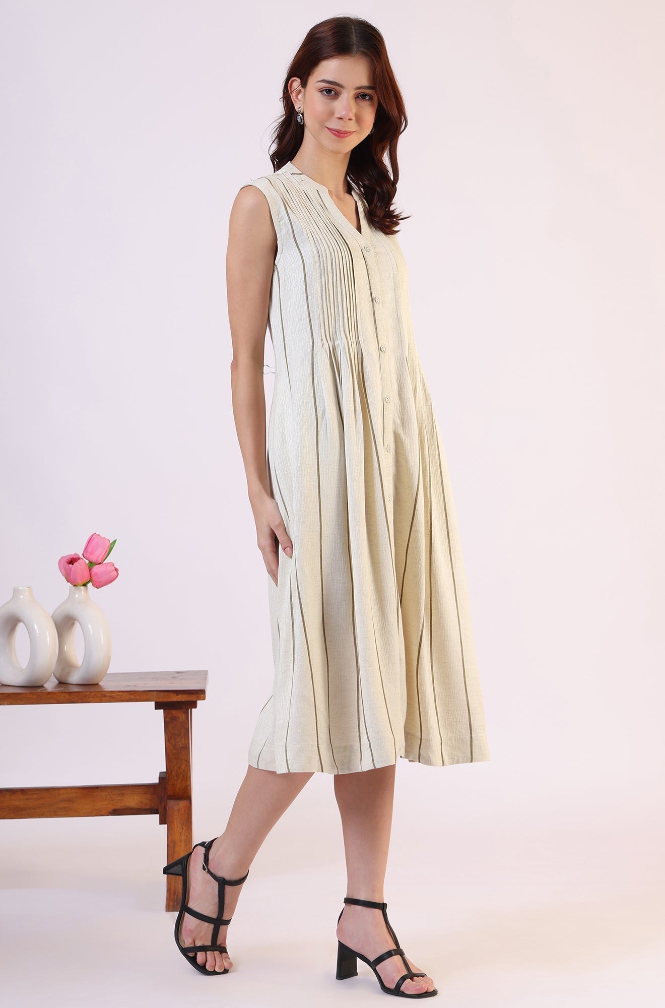 W for Woman Off -White Striped Cotton Blend Flared Western Dress