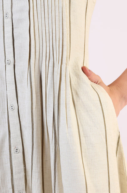W for Woman Off -White Striped Cotton Blend Flared Western Dress