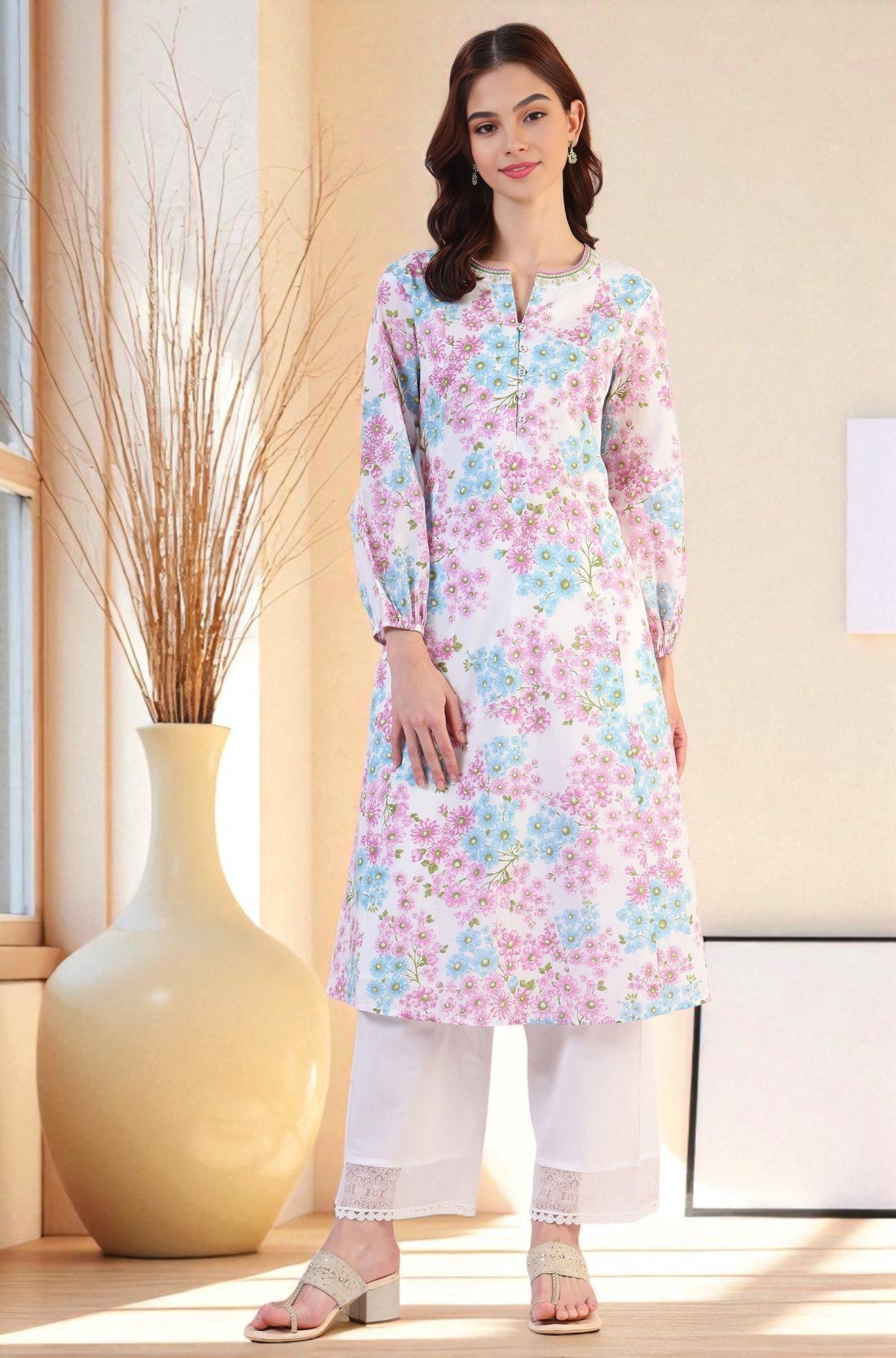 W for Woman Purple Floral Printed Flared Pure Cotton Kurta With Embroidered Neck