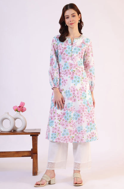 W for Woman Purple Floral Printed Flared Pure Cotton Kurta With Embroidered Neck