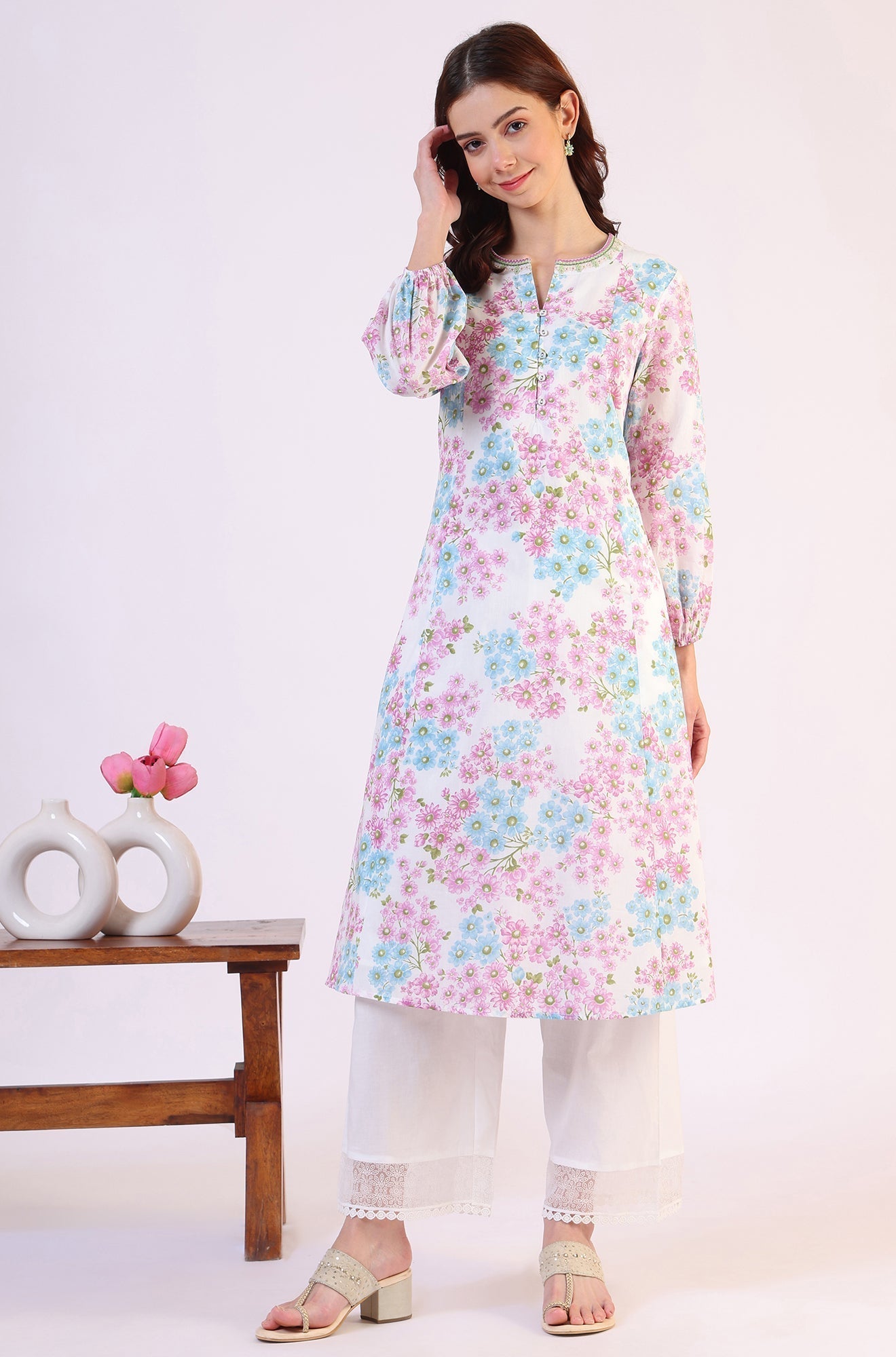 W for Woman Purple Floral Printed Flared Pure Cotton Kurta With Embroidered Neck