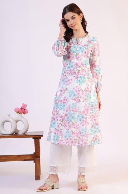 W for Woman Purple Floral Printed Flared Pure Cotton Kurta With Embroidered Neck