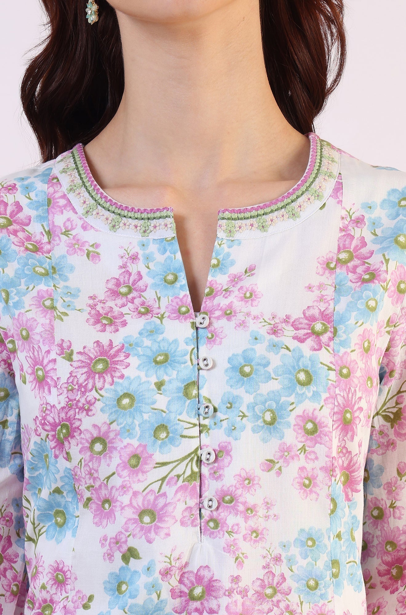 W for Woman Purple Floral Printed Flared Pure Cotton Kurta With Embroidered Neck