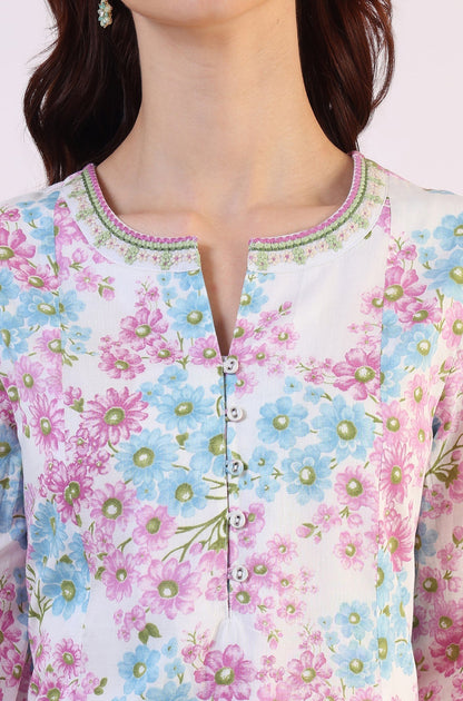 W for Woman Purple Floral Printed Flared Pure Cotton Kurta With Embroidered Neck