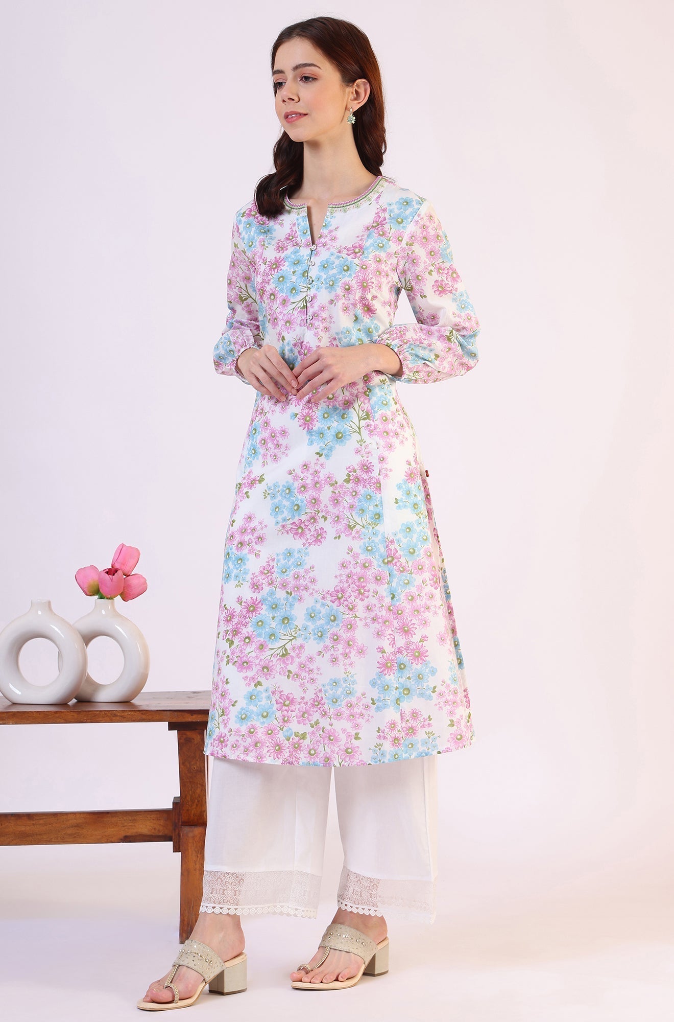 W for Woman Purple Floral Printed Flared Pure Cotton Kurta With Embroidered Neck