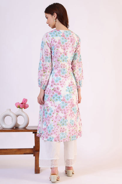 W for Woman Purple Floral Printed Flared Pure Cotton Kurta With Embroidered Neck