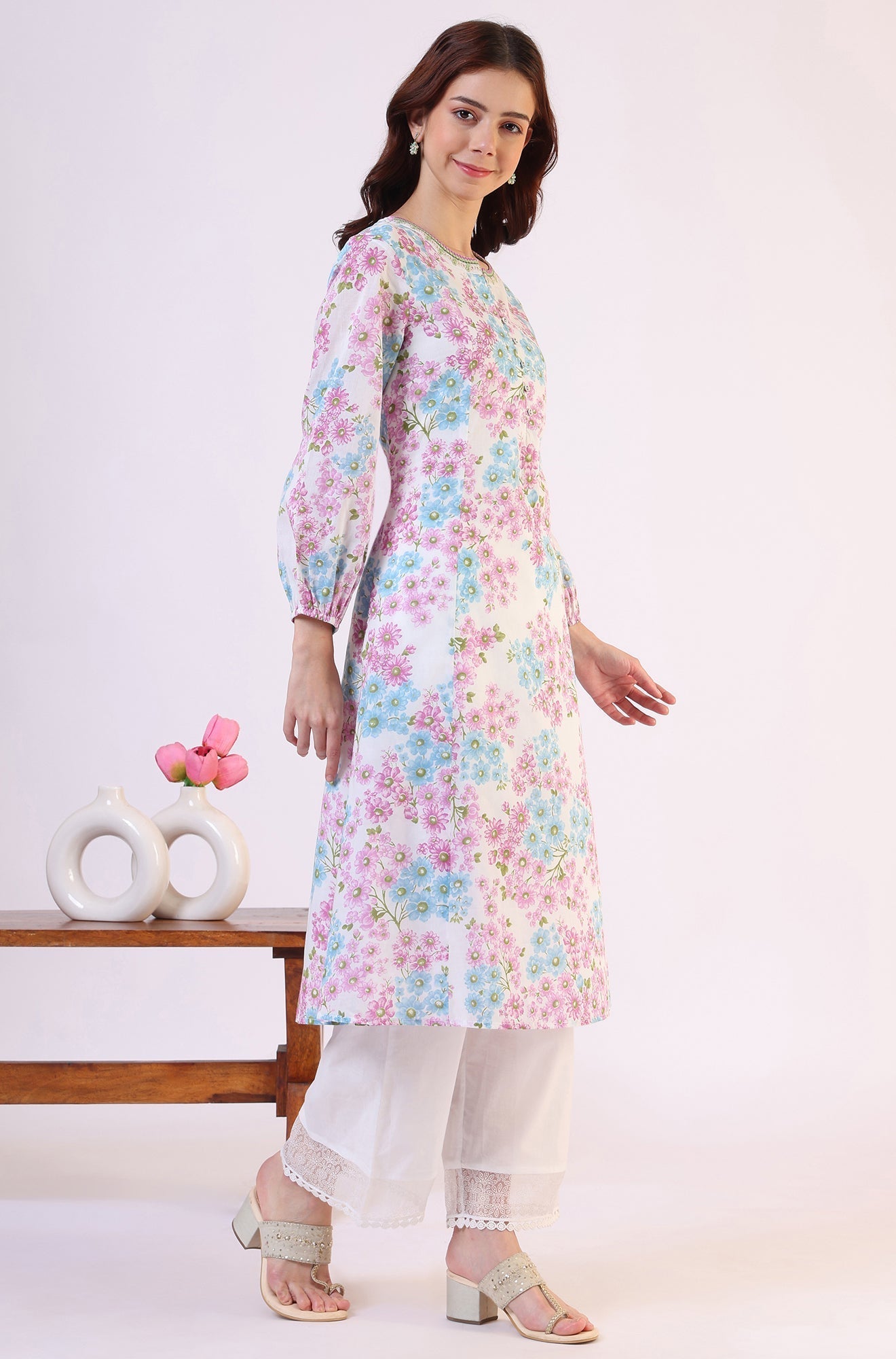 W for Woman Purple Floral Printed Flared Pure Cotton Kurta With Embroidered Neck