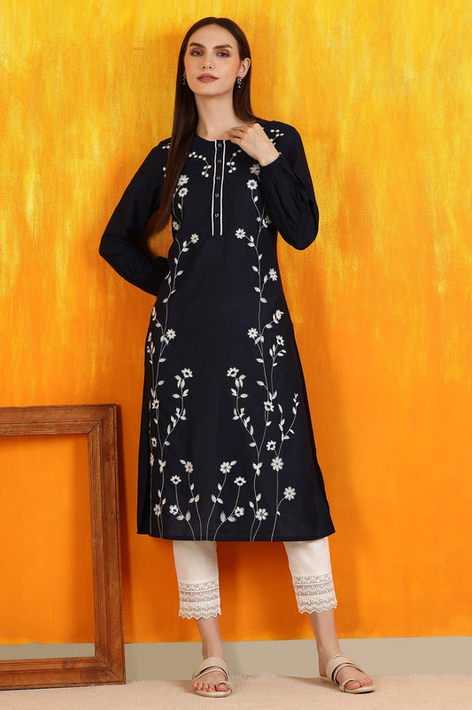 W for Woman Black Thread Embroidered Cotton Modal Straight Kurta