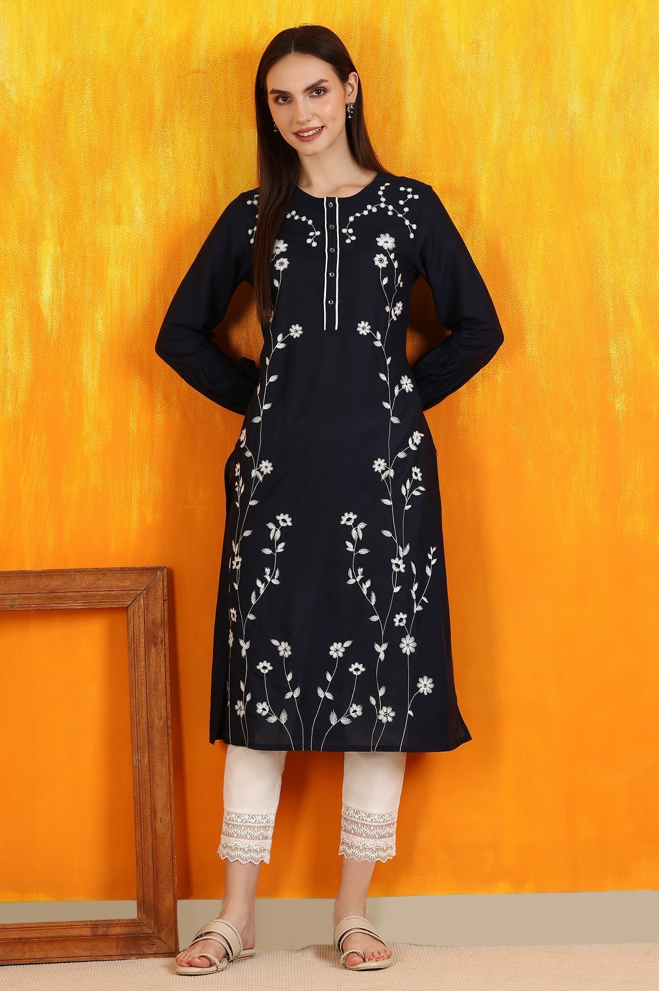 W for Woman Black Thread Embroidered Cotton Modal Straight Kurta