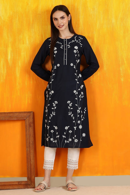 W for Woman Black Thread Embroidered Cotton Modal Straight Kurta