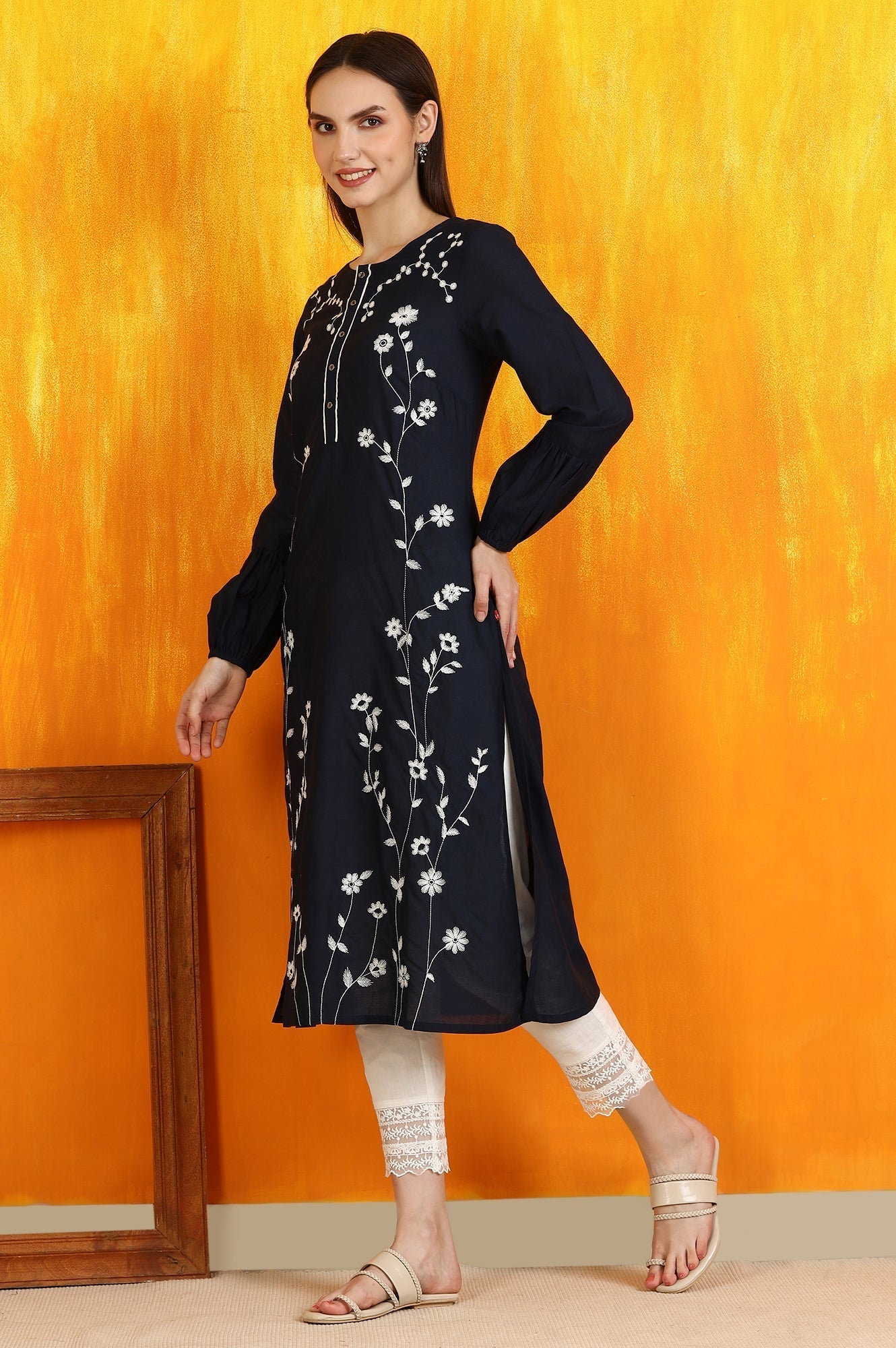 W for Woman Black Thread Embroidered Cotton Modal Straight Kurta