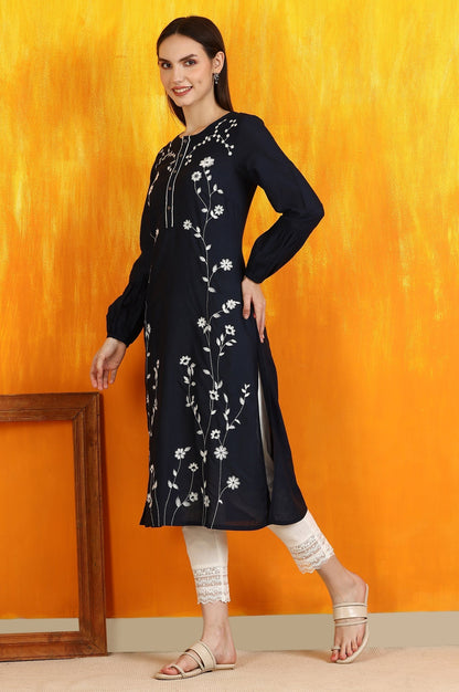 W for Woman Black Thread Embroidered Cotton Modal Straight Kurta