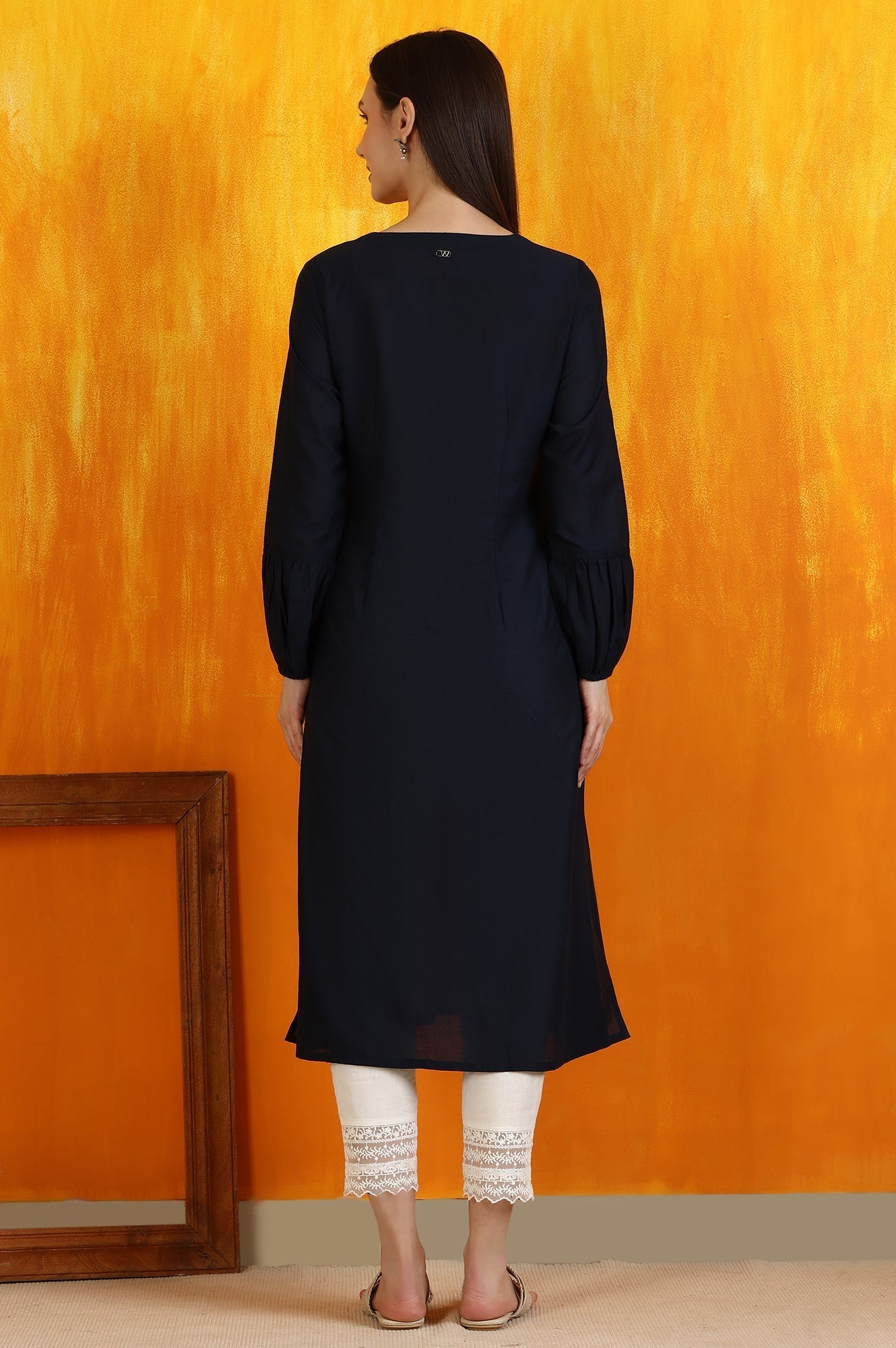 W for Woman Black Thread Embroidered Cotton Modal Straight Kurta