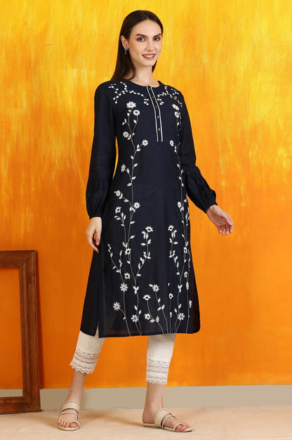W for Woman Black Thread Embroidered Cotton Modal Straight Kurta