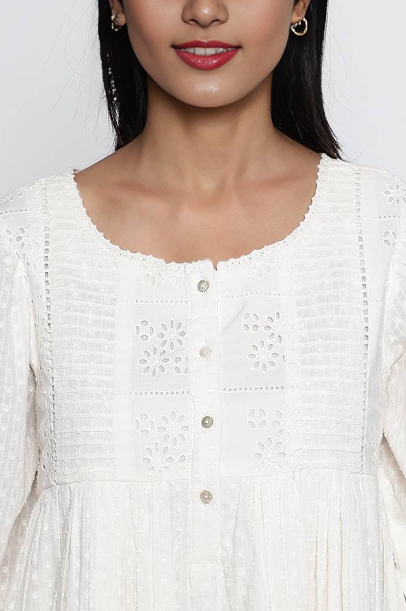 W for Woman White Schiffli Embroidered Flared Cotton Dress