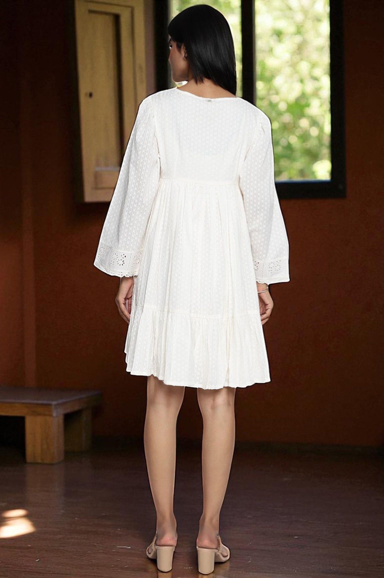 W for Woman White Schiffli Embroidered Flared Cotton Dress