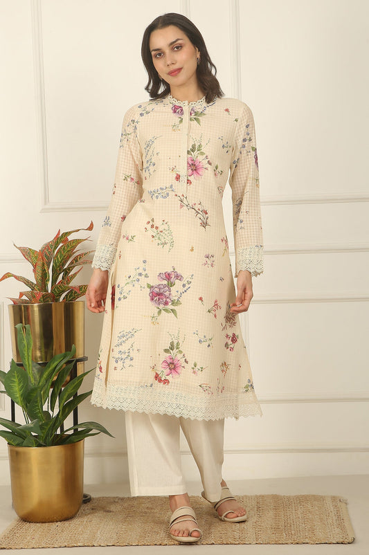 W for Woman Off-White Floral Printed Checker Cotton A-line Kurta