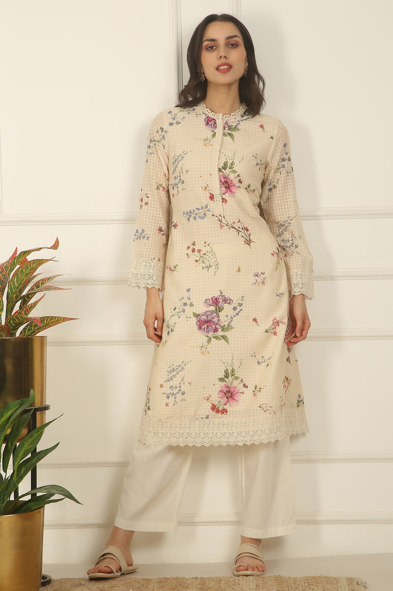 W for Woman Off-White Floral Printed Checker Cotton A-line Kurta