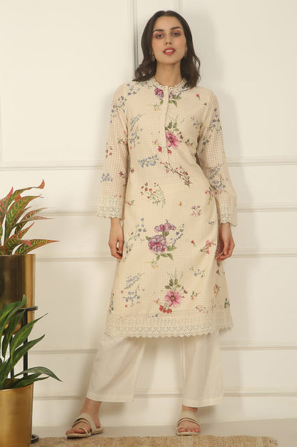 W for Woman Off-White Floral Printed Checker Cotton A-line Kurta