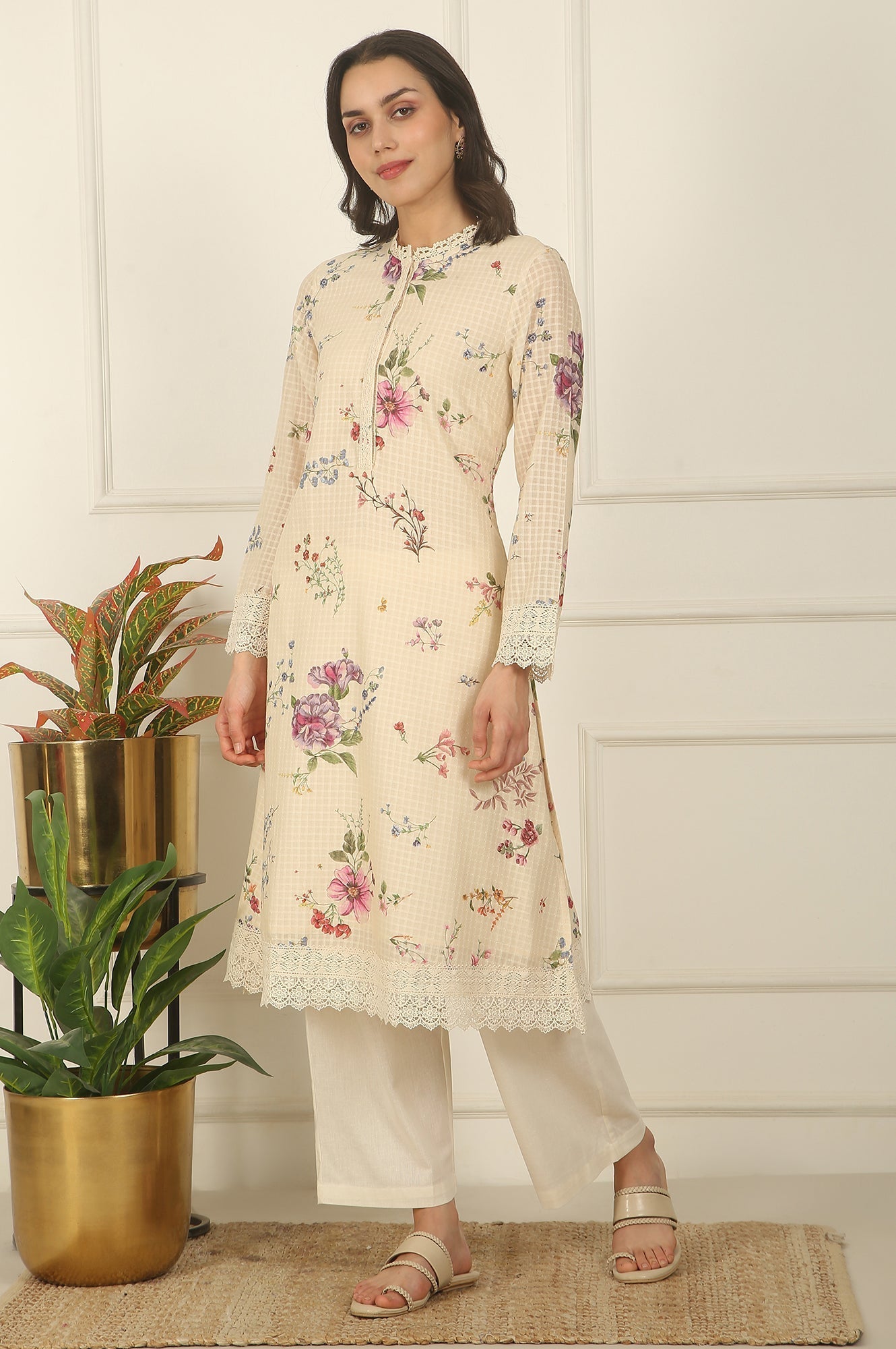 W for Woman Off-White Floral Printed Checker Cotton A-line Kurta