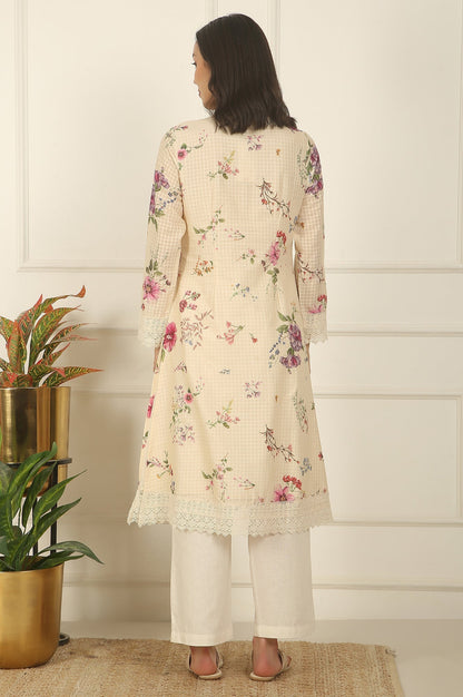 W for Woman Off-White Floral Printed Checker Cotton A-line Kurta