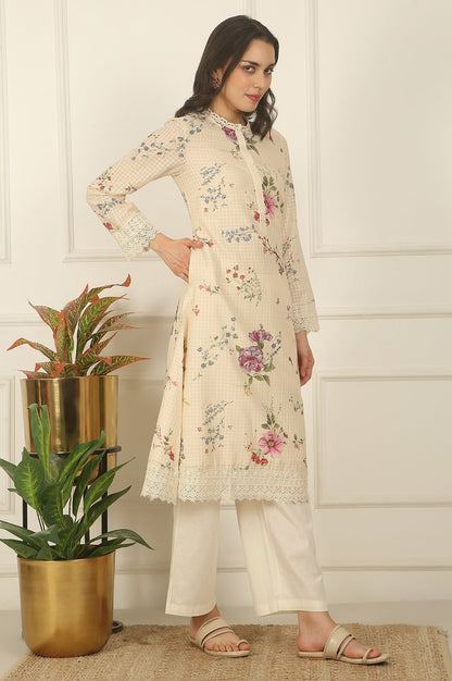 W for Woman Off-White Floral Printed Checker Cotton A-line Kurta