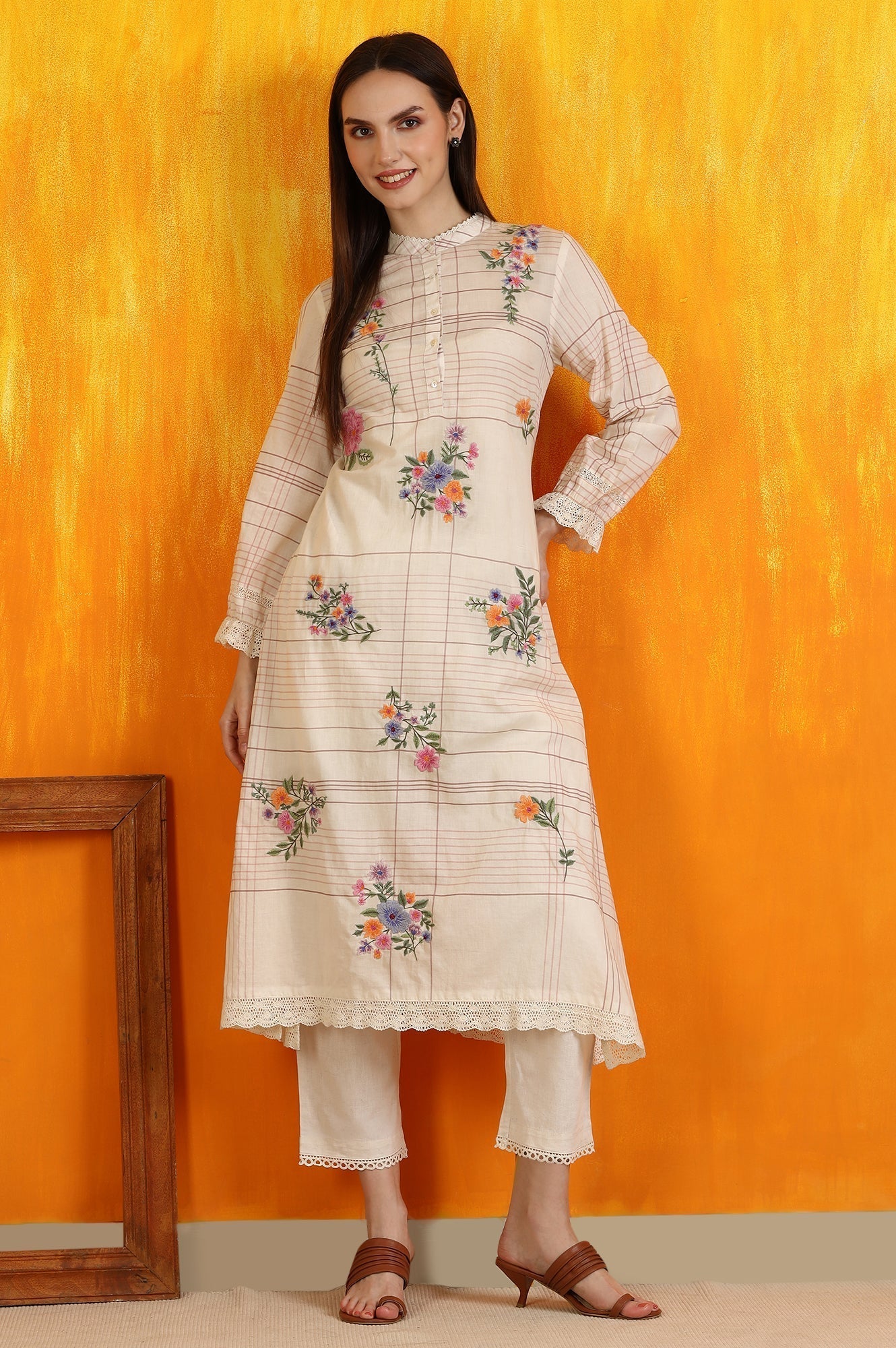 W for Woman White Checker Floral Embroidered Pure Cotton A-line Kurta