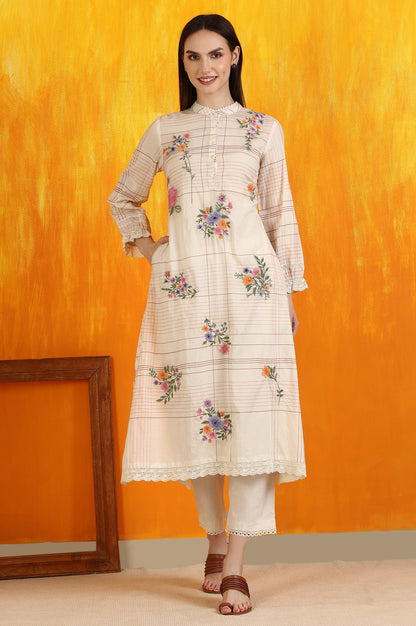 W for Woman White Checker Floral Embroidered Pure Cotton A-line Kurta