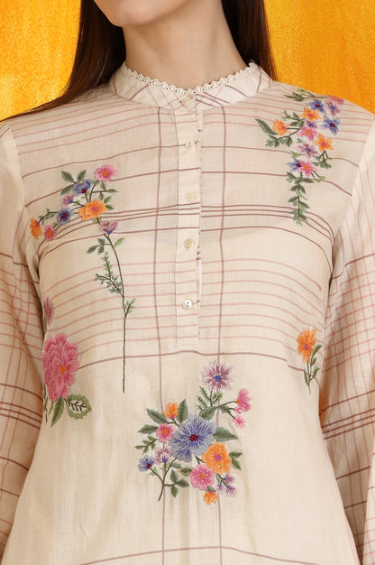 W for Woman White Checker Floral Embroidered Pure Cotton A-line Kurta
