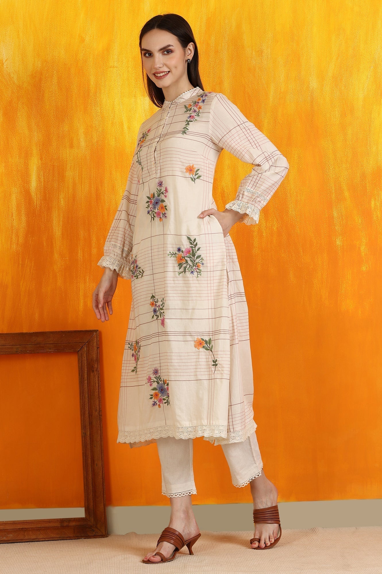W for Woman White Checker Floral Embroidered Pure Cotton A-line Kurta