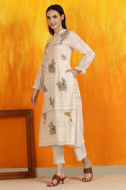 W for Woman White Checker Floral Embroidered Pure Cotton A-line Kurta