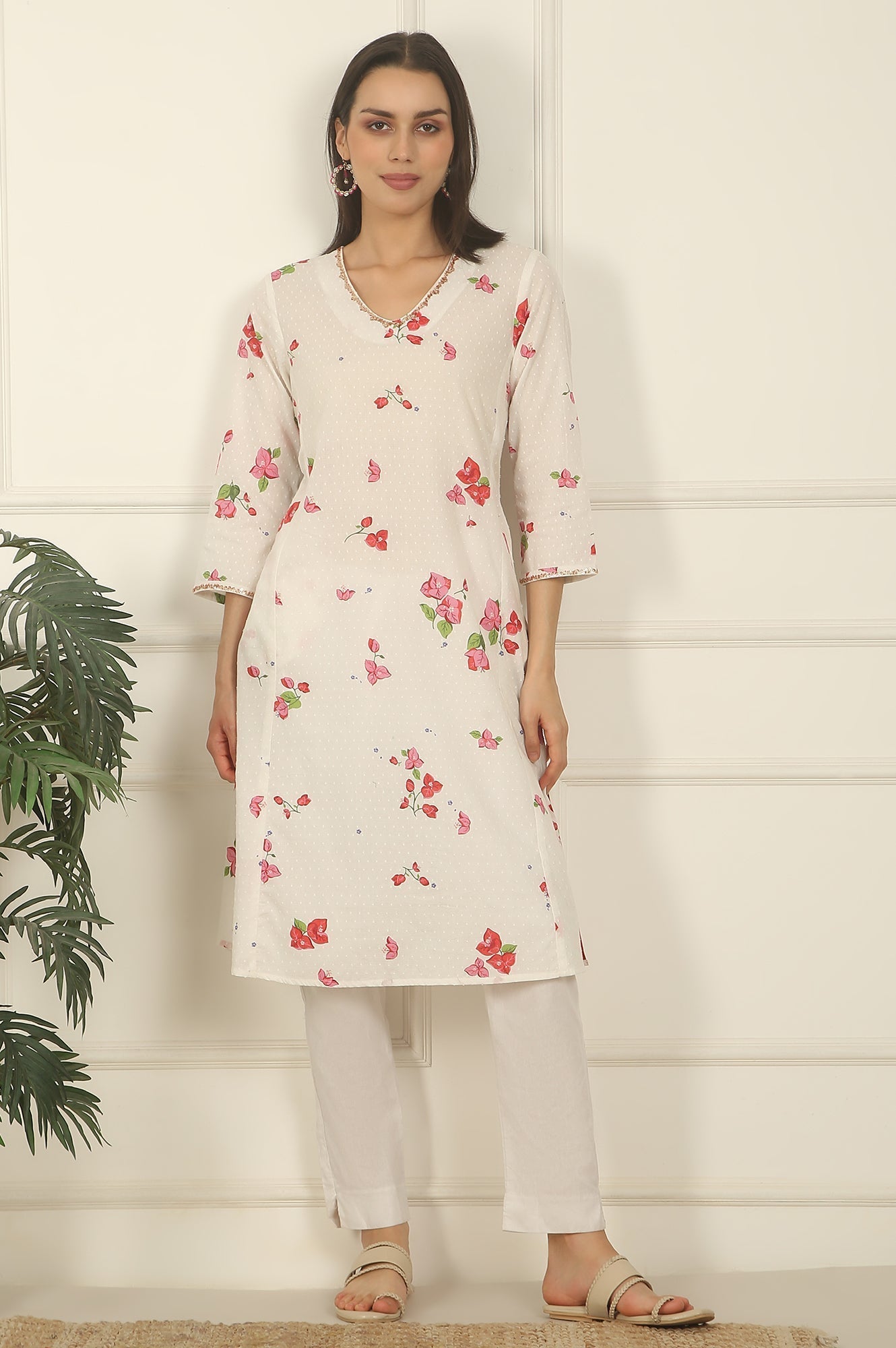 W for Woman White Floral Printed Swiss Dot Cotton A-line Kurta