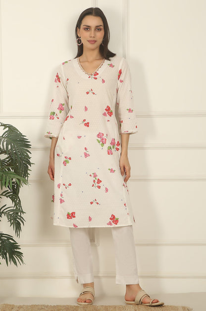 W for Woman White Floral Printed Swiss Dot Cotton A-line Kurta