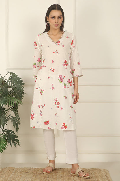 W for Woman White Floral Printed Swiss Dot Cotton A-line Kurta