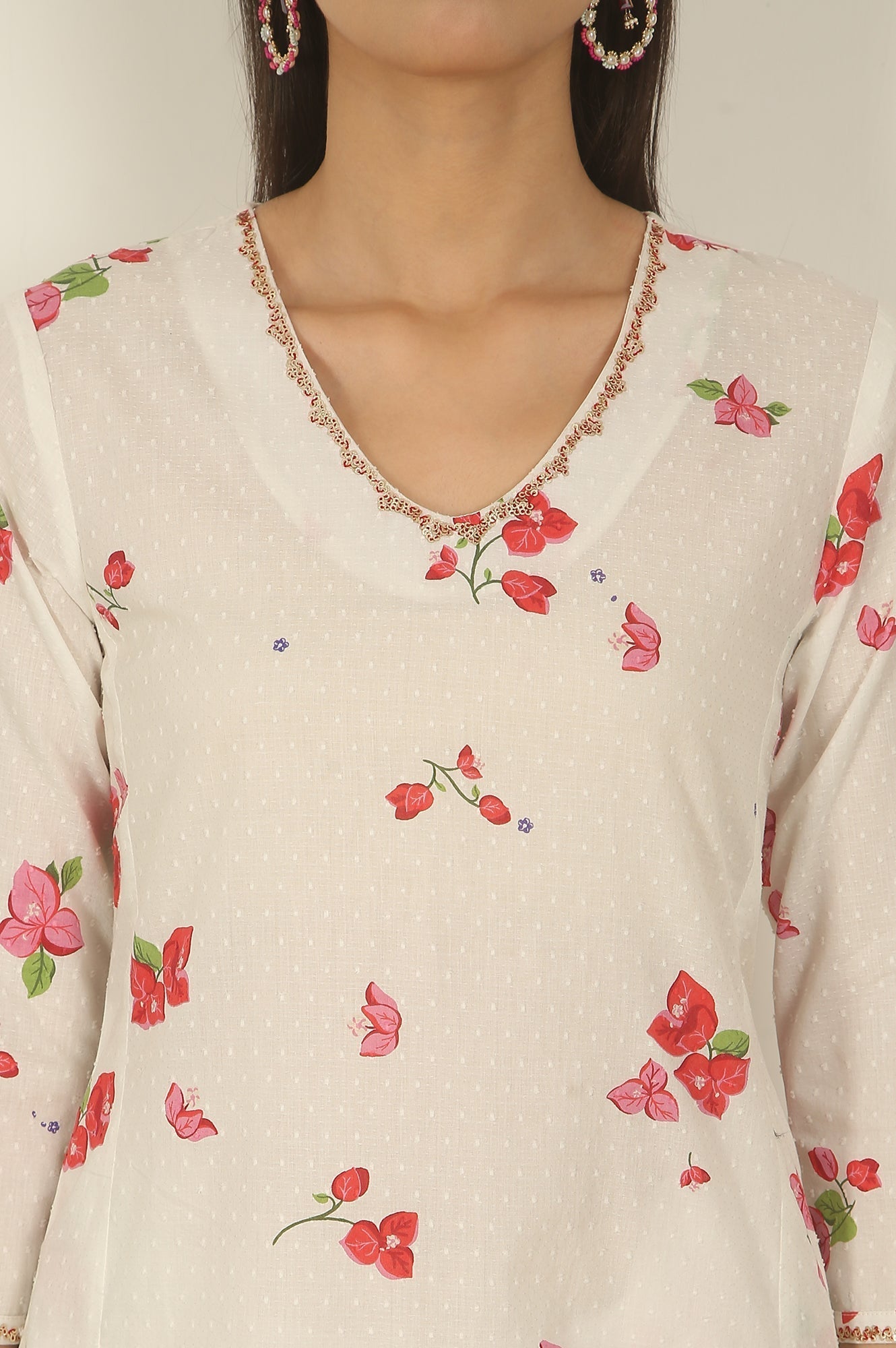 W for Woman White Floral Printed Swiss Dot Cotton A-line Kurta