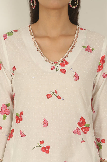 W for Woman White Floral Printed Swiss Dot Cotton A-line Kurta