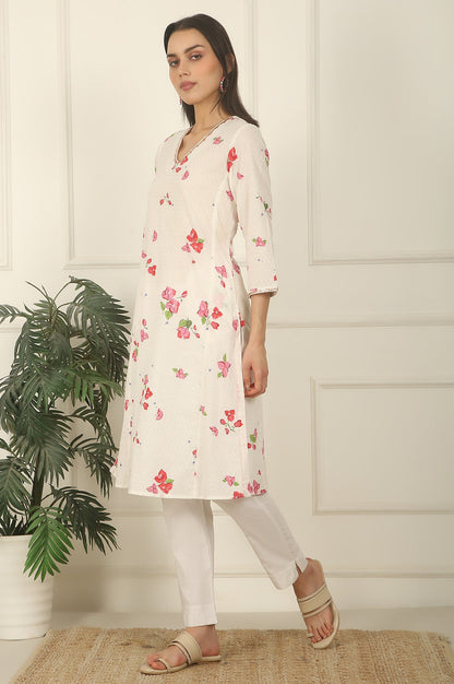 W for Woman White Floral Printed Swiss Dot Cotton A-line Kurta