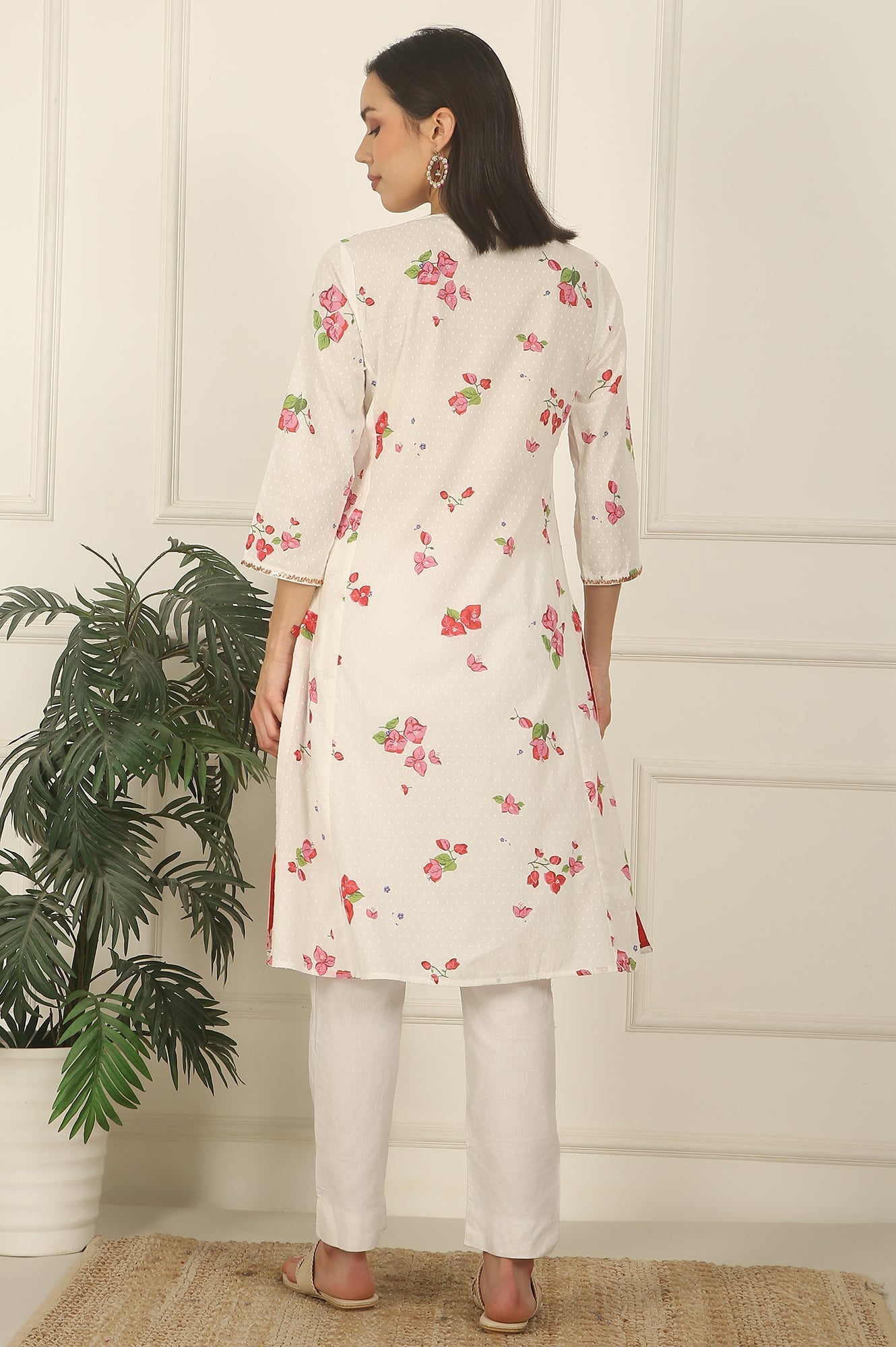 W for Woman White Floral Printed Swiss Dot Cotton A-line Kurta
