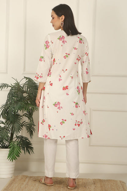 W for Woman White Floral Printed Swiss Dot Cotton A-line Kurta
