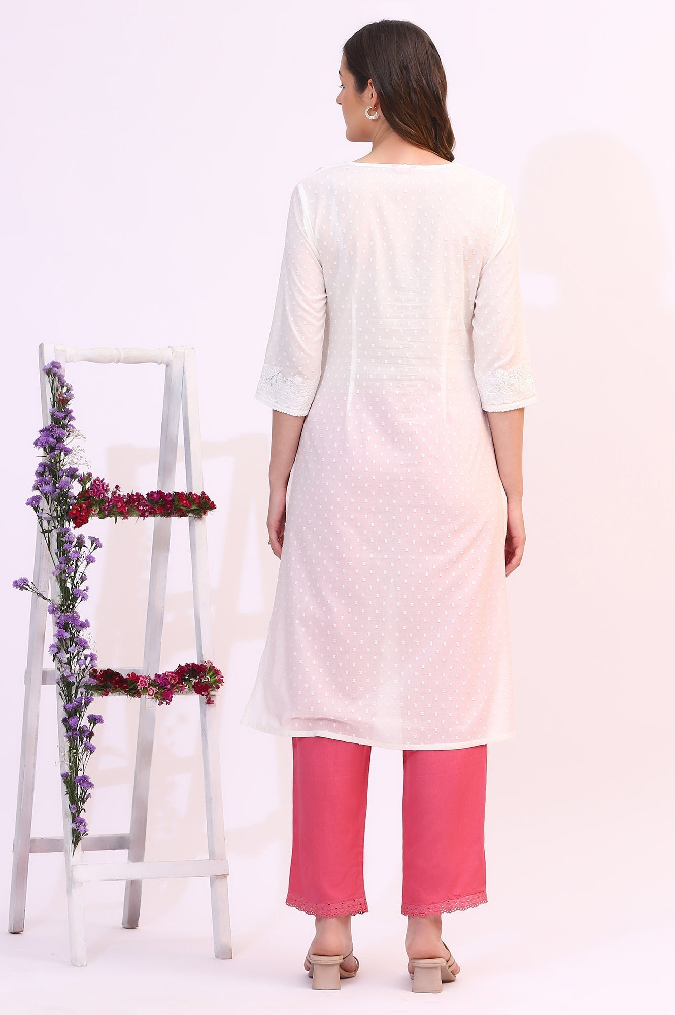 W for Woman White Mirror Work Pure Cotton Straight Kurta
