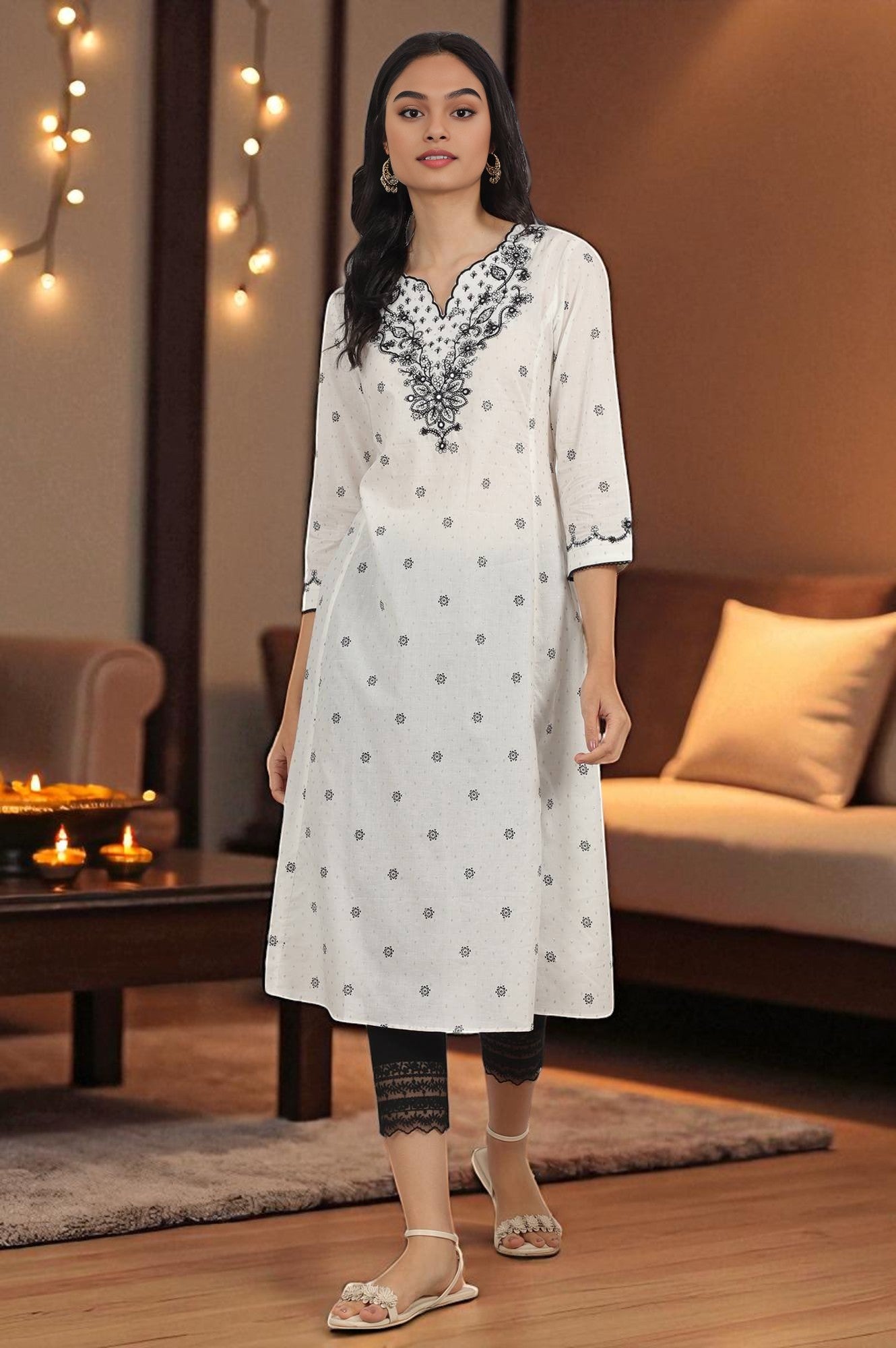 W for Woman White Printed Cotton Lurex Dobby Flared Kurta with Embroidered Yoke
