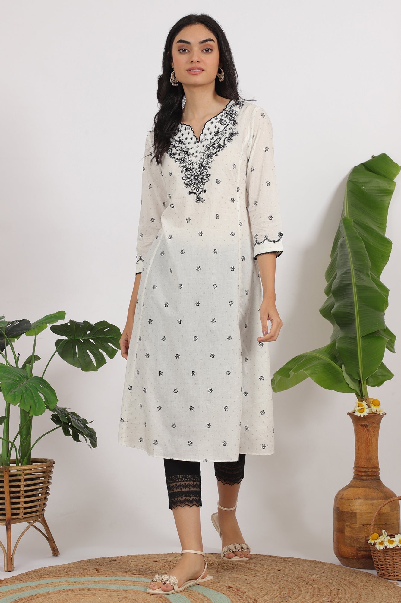 W for Woman White Printed Cotton Lurex Dobby Flared Kurta with Embroidered Yoke