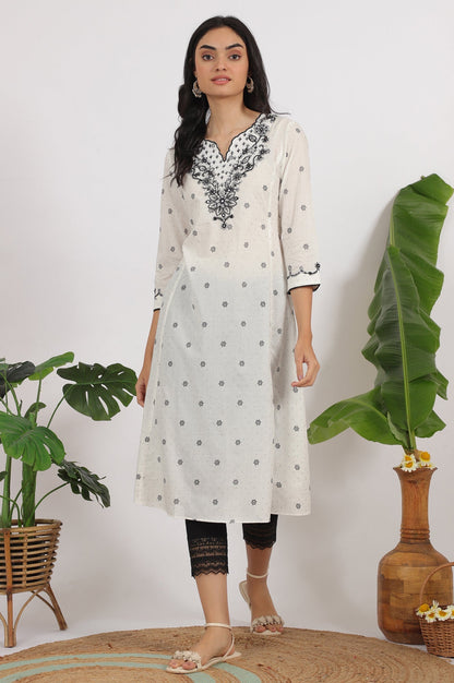 W for Woman White Printed Cotton Lurex Dobby Flared Kurta with Embroidered Yoke
