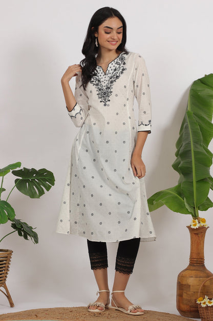 W for Woman White Printed Cotton Lurex Dobby Flared Kurta with Embroidered Yoke