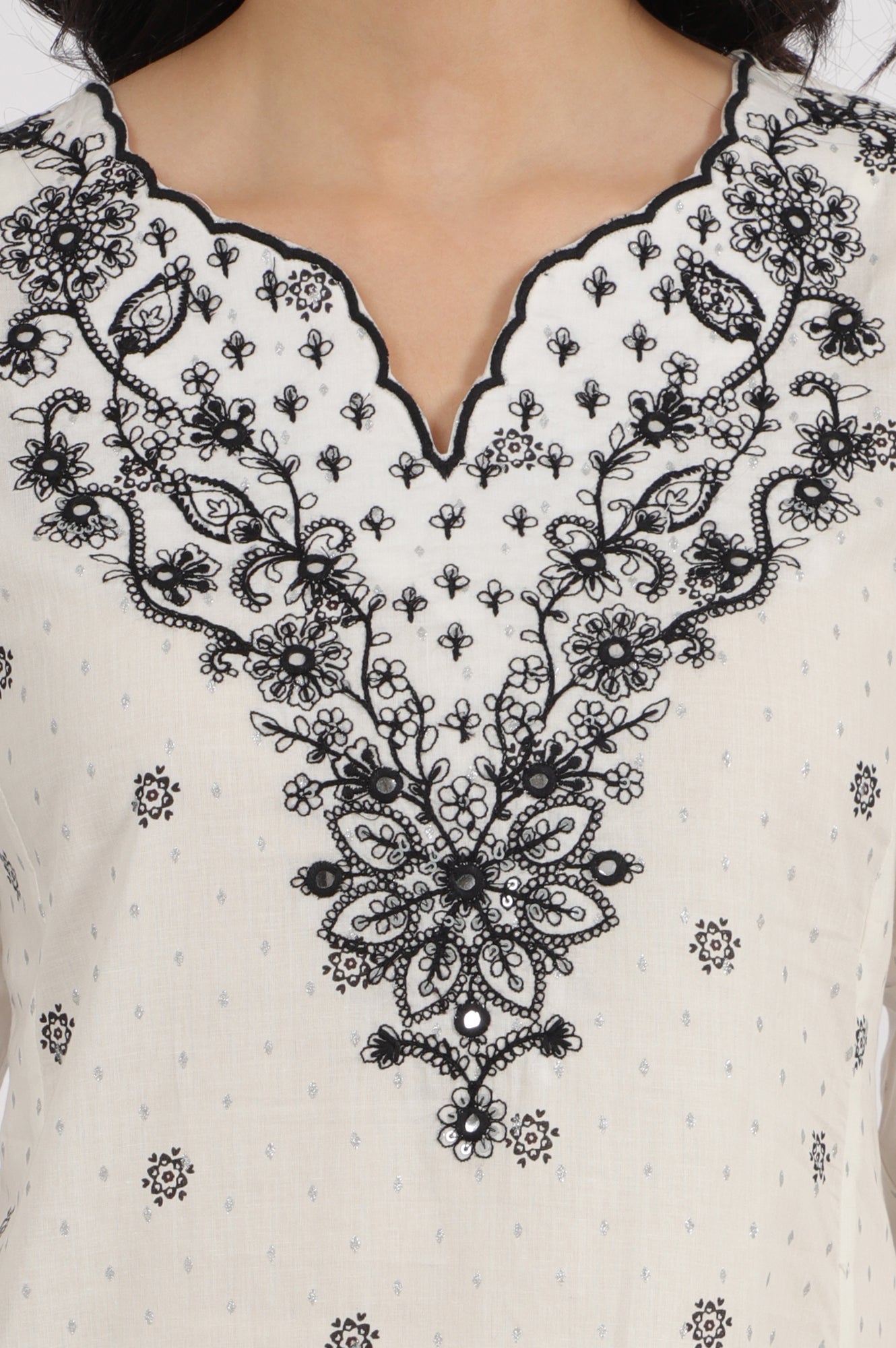 W for Woman White Printed Cotton Lurex Dobby Flared Kurta with Embroidered Yoke